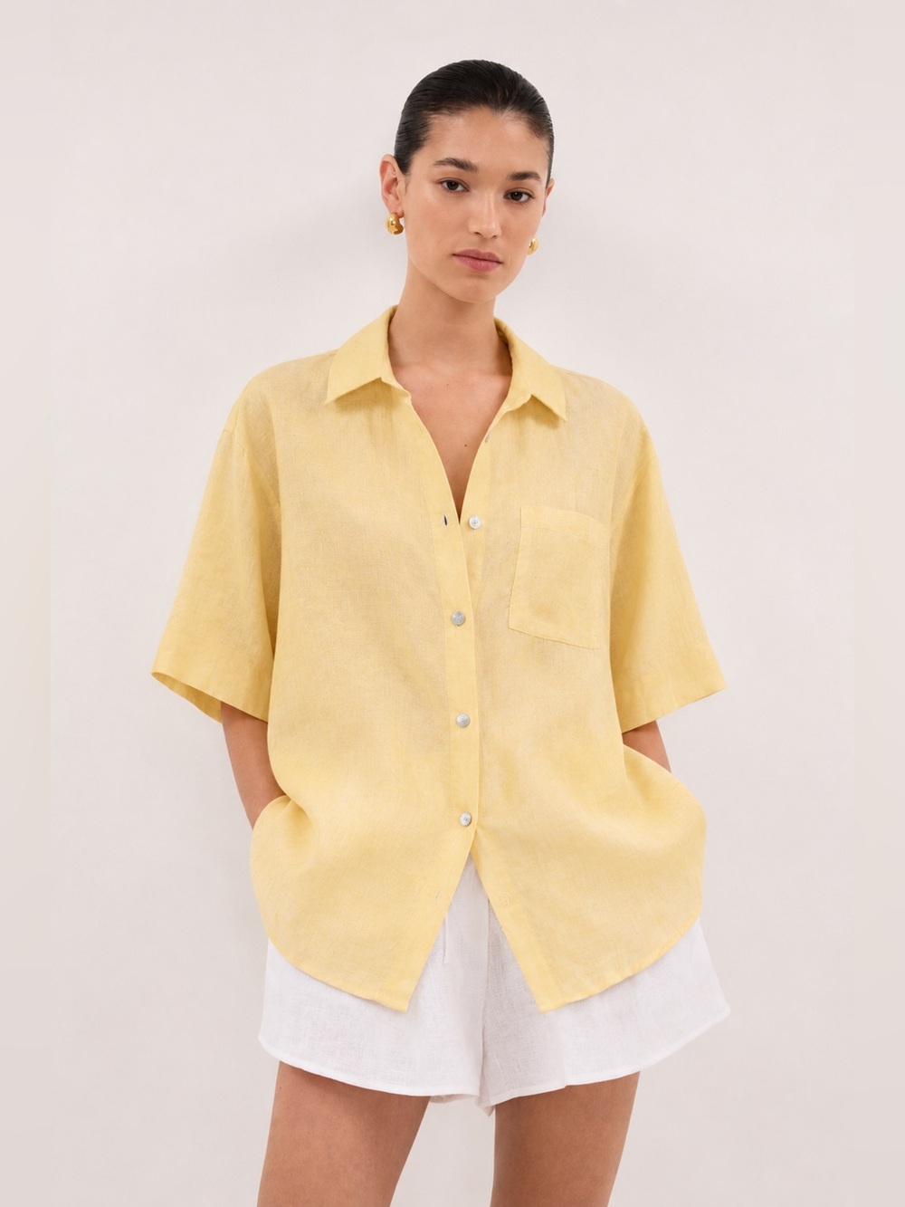 Bryn Walker 100% Linen Button Up Oversized Short Sleeve Shirt Yellow Small 1055
